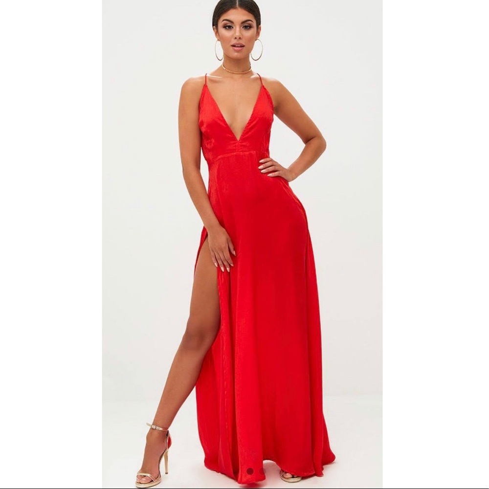 NWT PLT Red Extreme Slit Strappy Back Maxi Dress